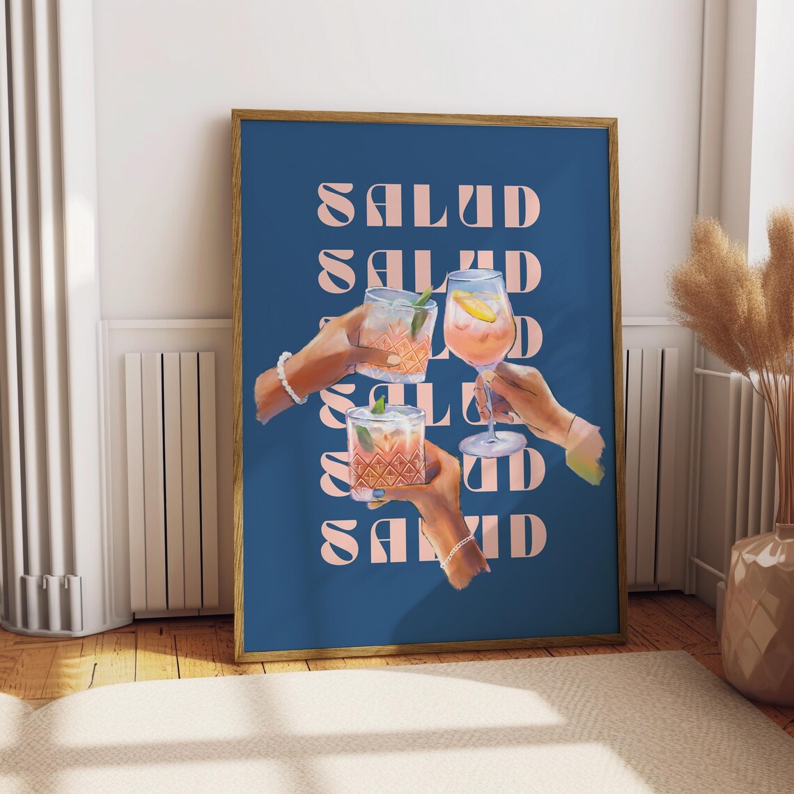 Salud Blue Vintage Wine Poster, Retro Bar Cart Art