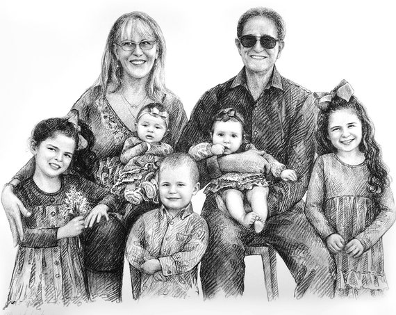 Grandparents and Five Grandkids Custom Pencil Portrait Art Print
