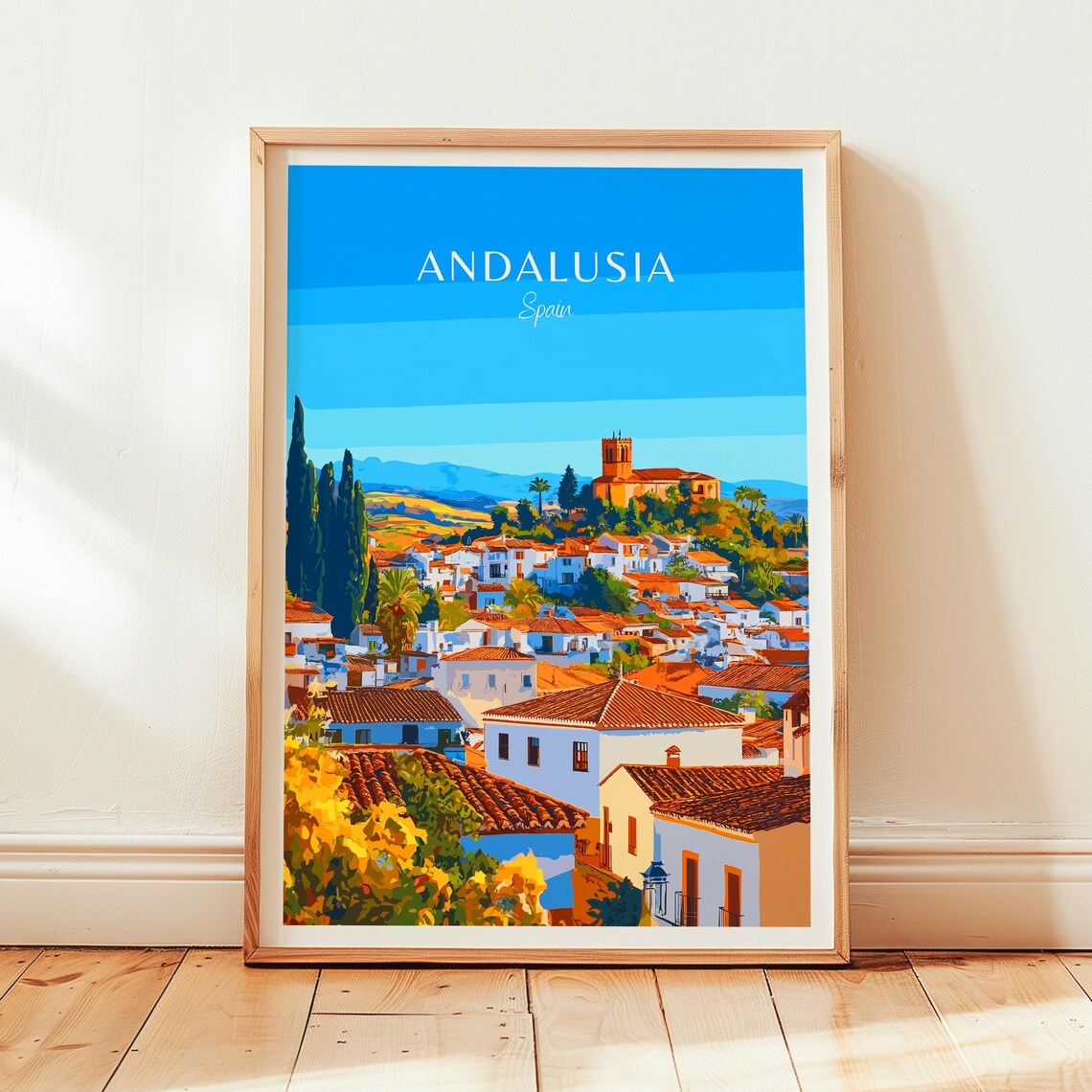 Andalusia Spain White Hilltop Village Church Travel Art Poster