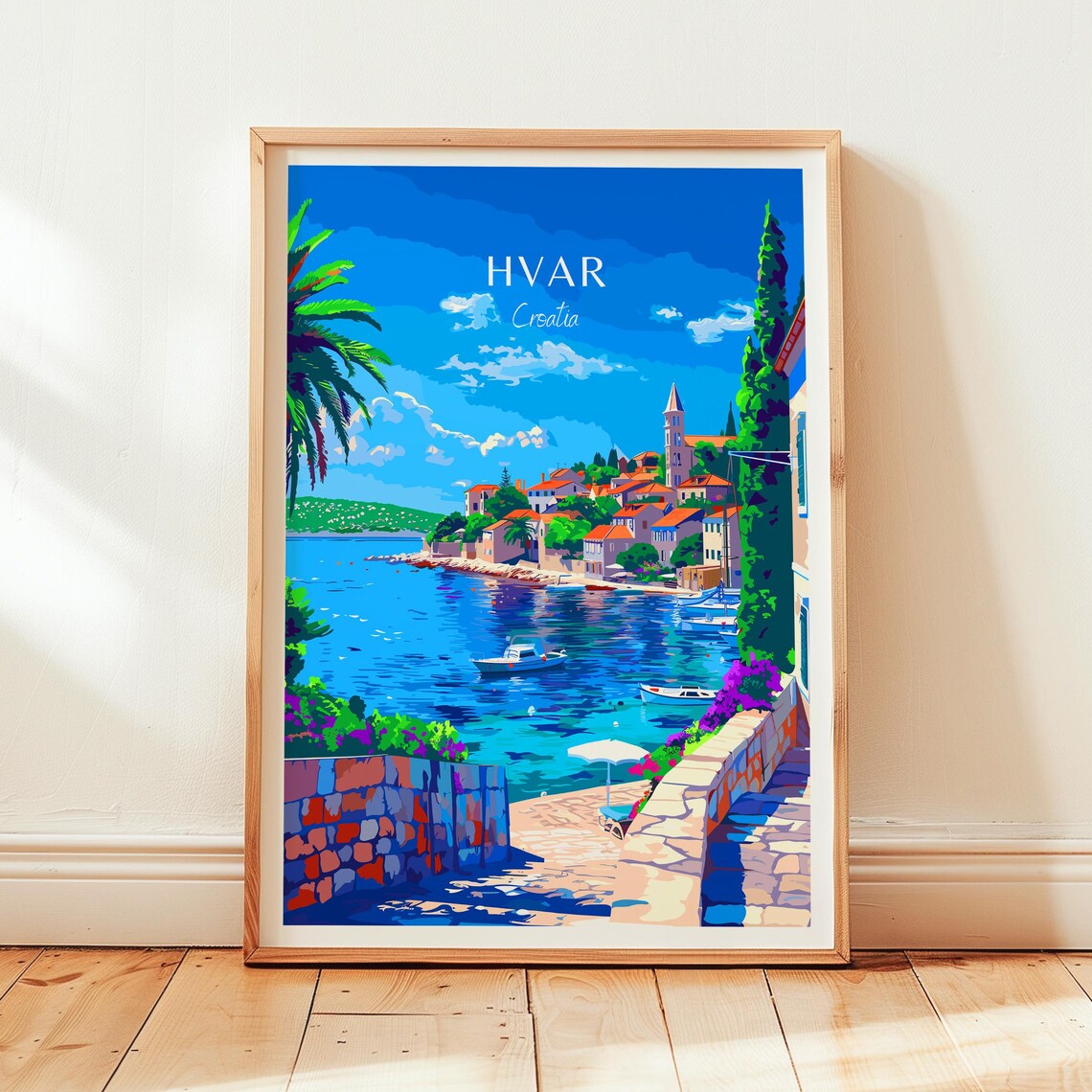Hvar Croatia Waterfront Church Tower Harbor View Travel Poster