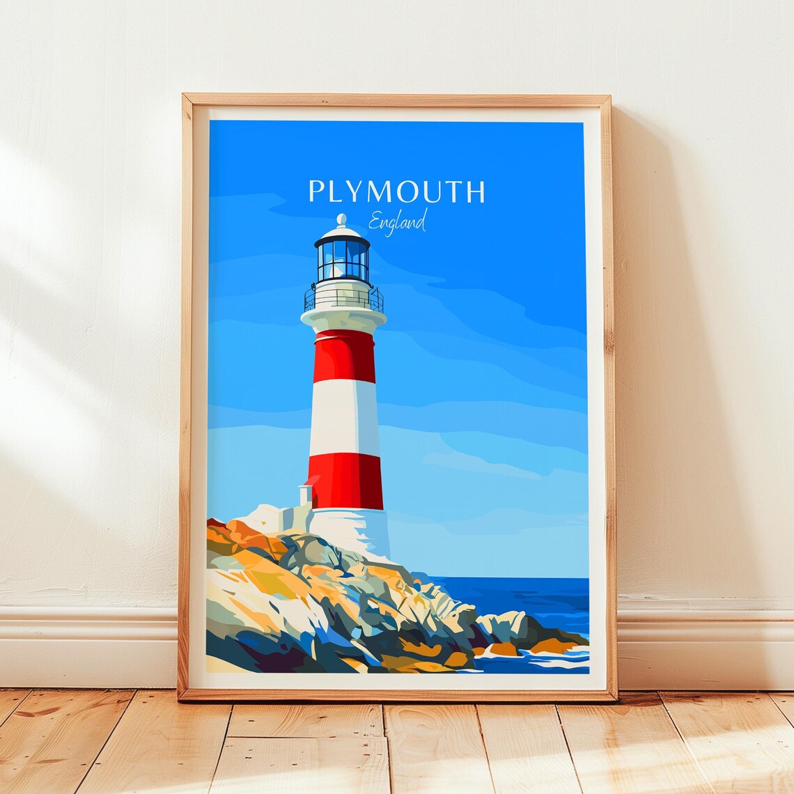 Plymouth England Red and White Striped Lighthouse Coastal Poster