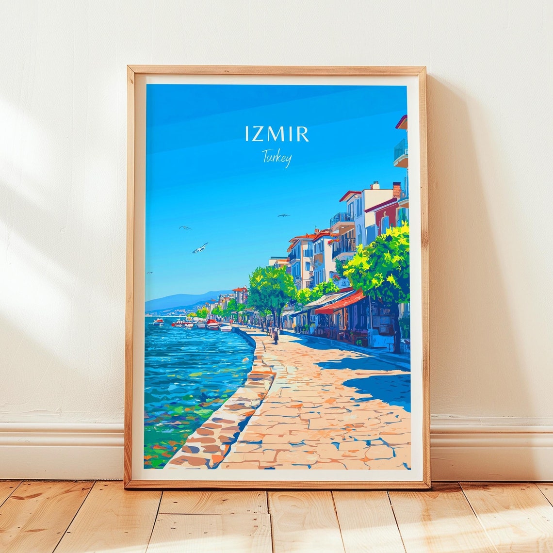 Izmir Turkey Waterfront Promenade Harbor Boats Vintage Travel Poster