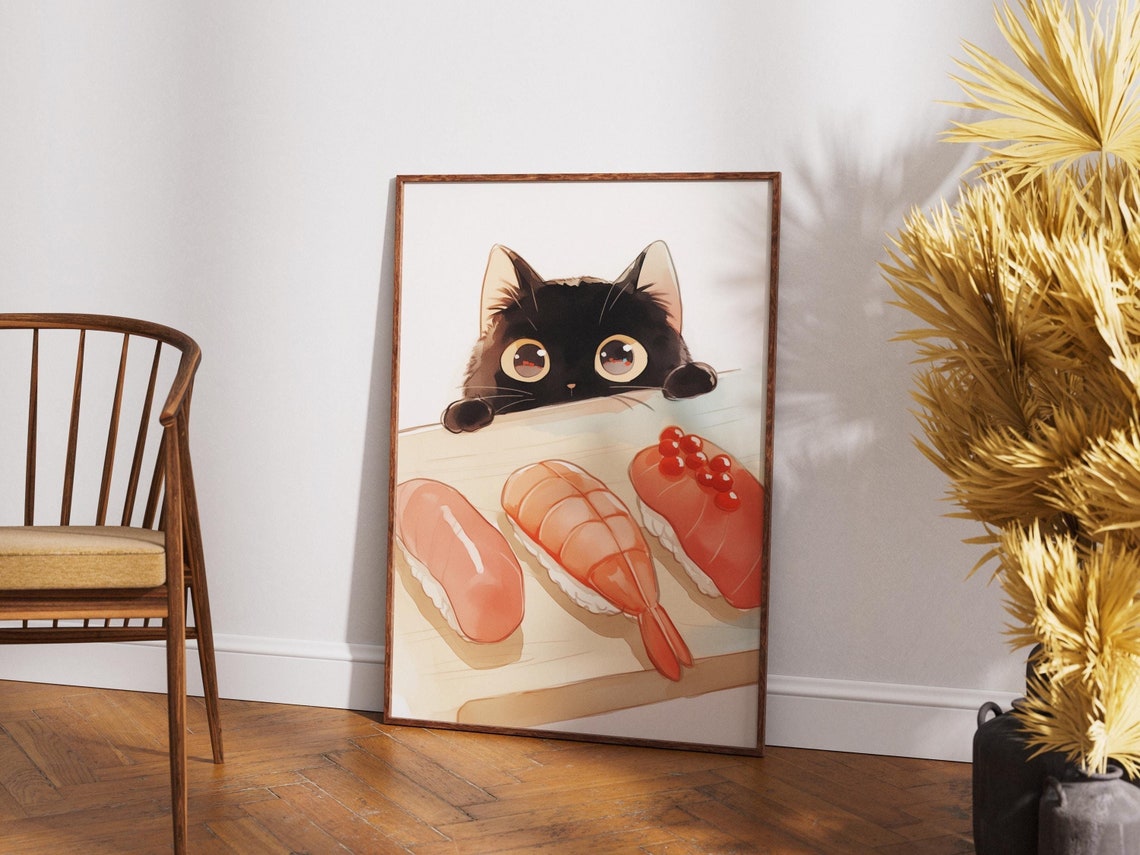 Cute Black Cat Watching Sushi Japanese Kawaii Kitchen Poster