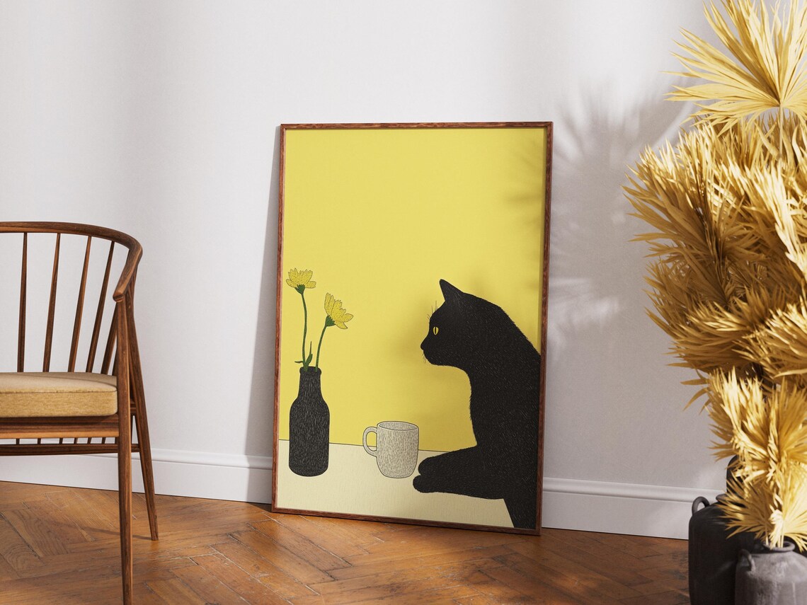 Black Cat Staring At Yellow Tulips Vase Minimalist Art Poster
