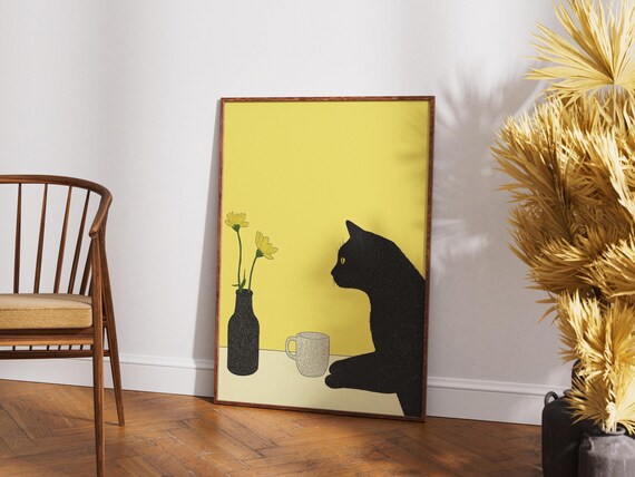 Black Cat Staring At Yellow Tulips Vase Minimalist Art Poster