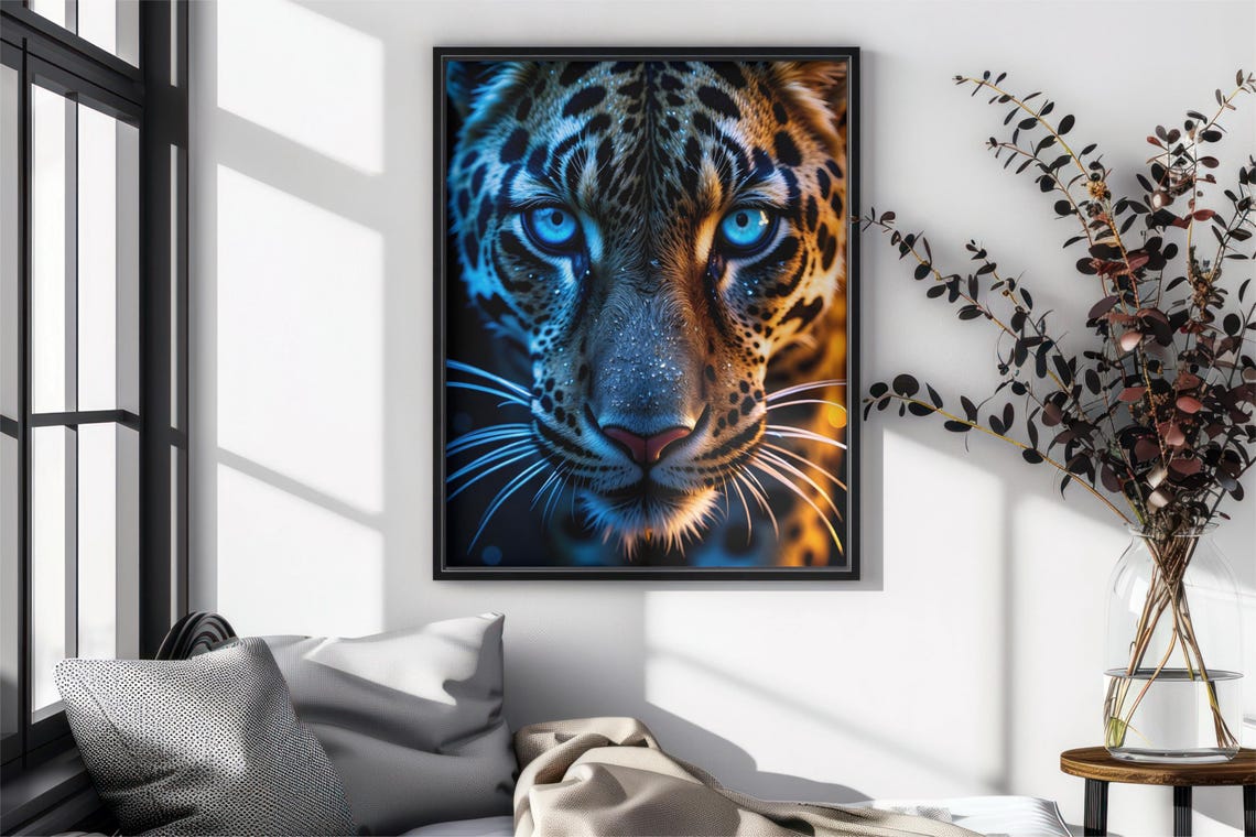 Mesmerizing Leopard Close-Up Portrait with Striking Blue Eyes Poster