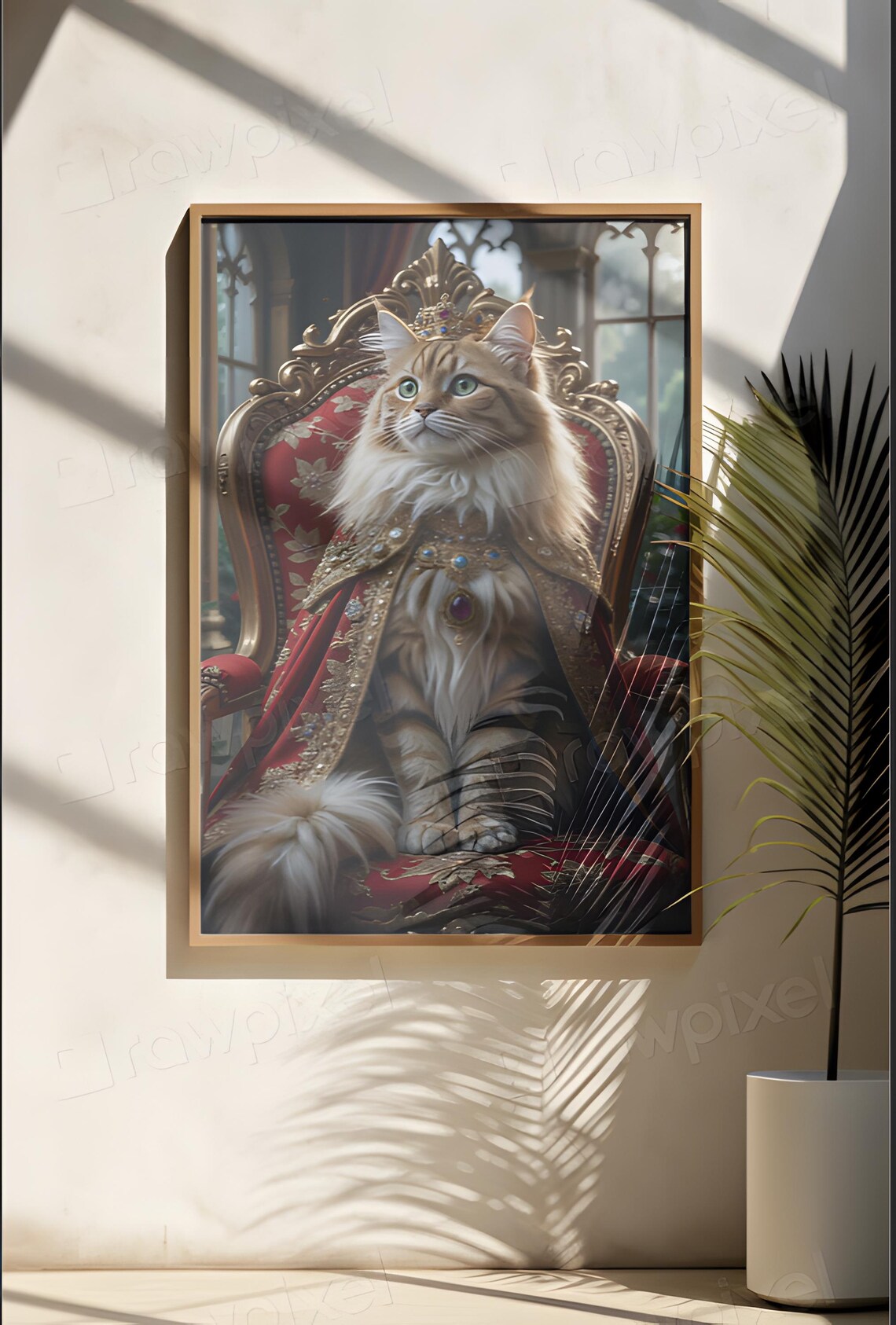 Regal Cat in Royal Robe Seated on Ornate Throne Portrait Poster - Image 4