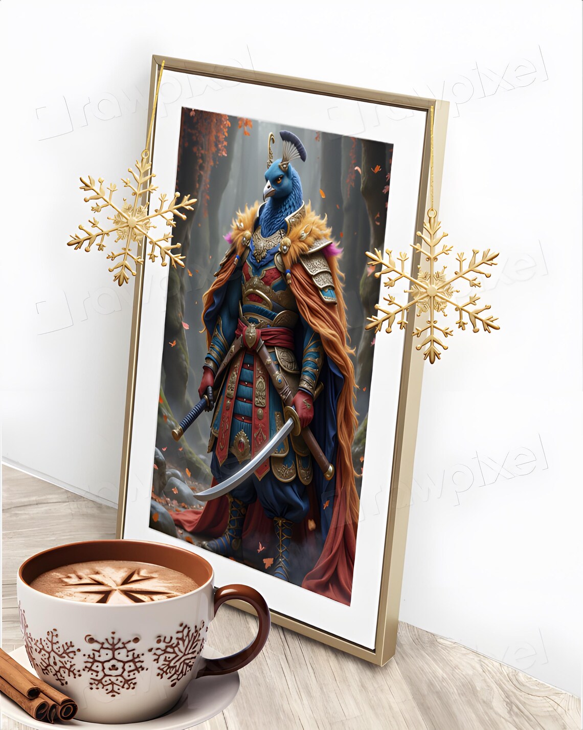 Armored Peacock Warrior with Drawn Sword in an Autumn Forest Poster - Image 6