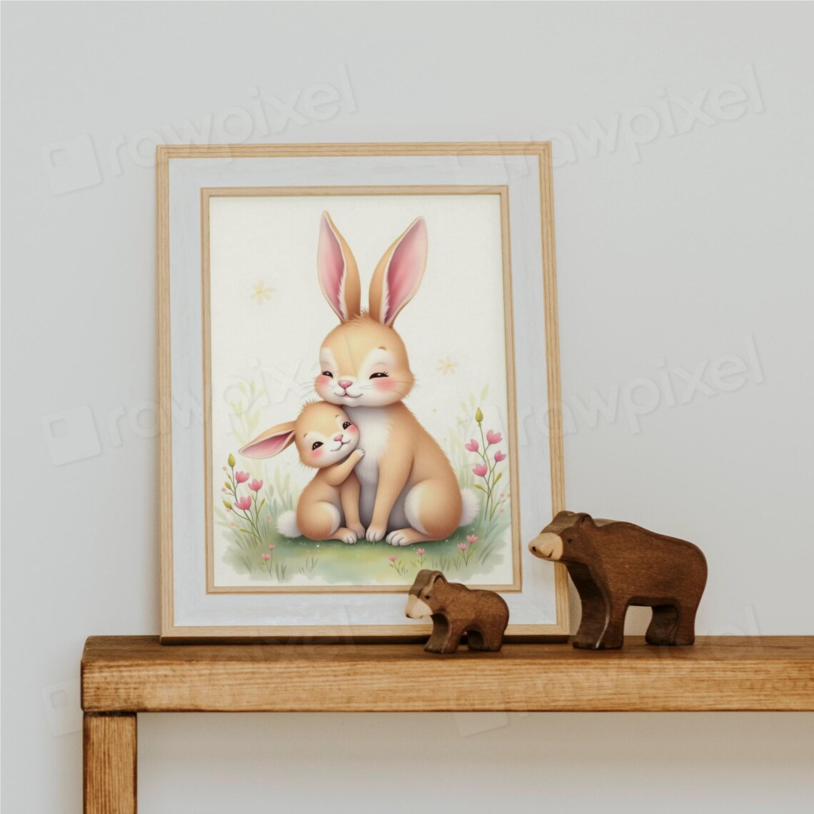 Sweet Mother and Baby Bunny Hugging in a Spring Meadow Poster - Image 7