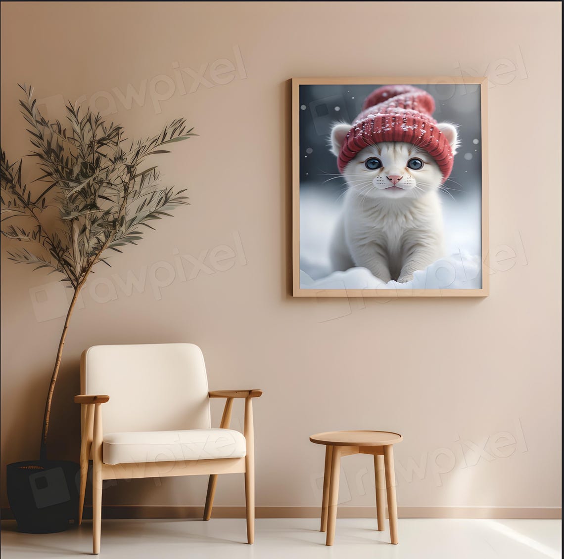 Cute White Kitten in Red Knit Beanie Under Winter Snow Poster - Image 3