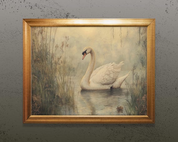 Vintage White Swan Lake Art Print, Minimalist Decor