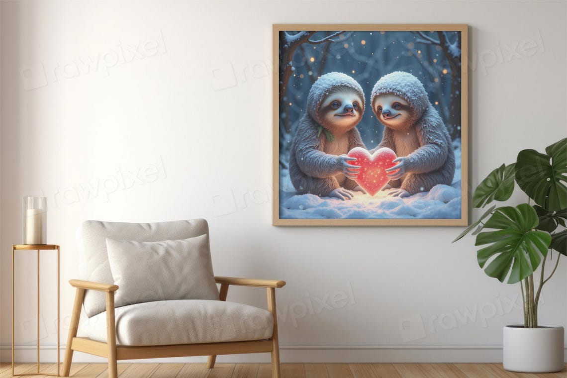 Two Adorable Sloths Holding a Glowing Heart in the Snow Poster - Image 7