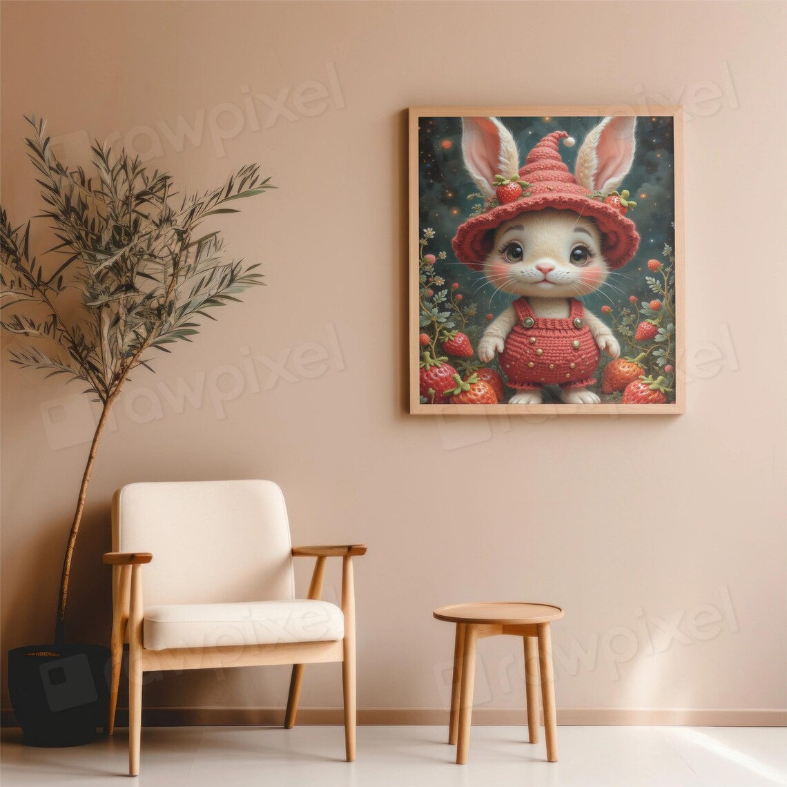 Sweet Wide-Eyed Bunny in Strawberry Outfit Under Starry Night Poster - Image 2