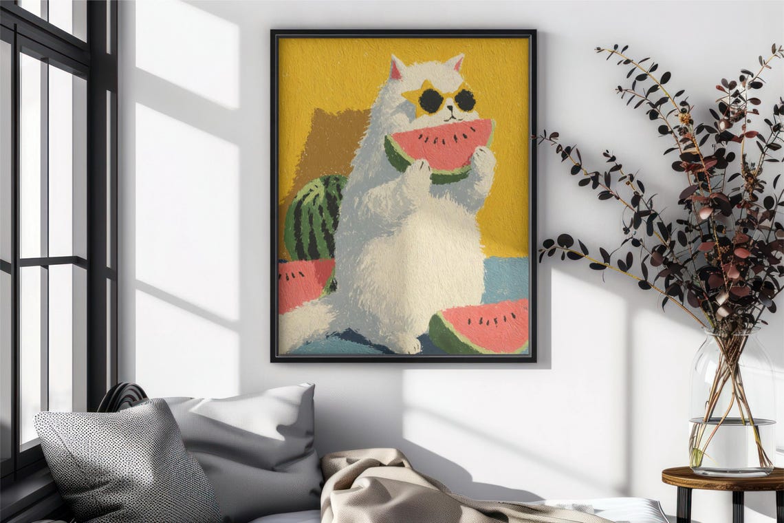 Cute White Cat Eating Watermelon Retro Summer Kitchen Art Poster
