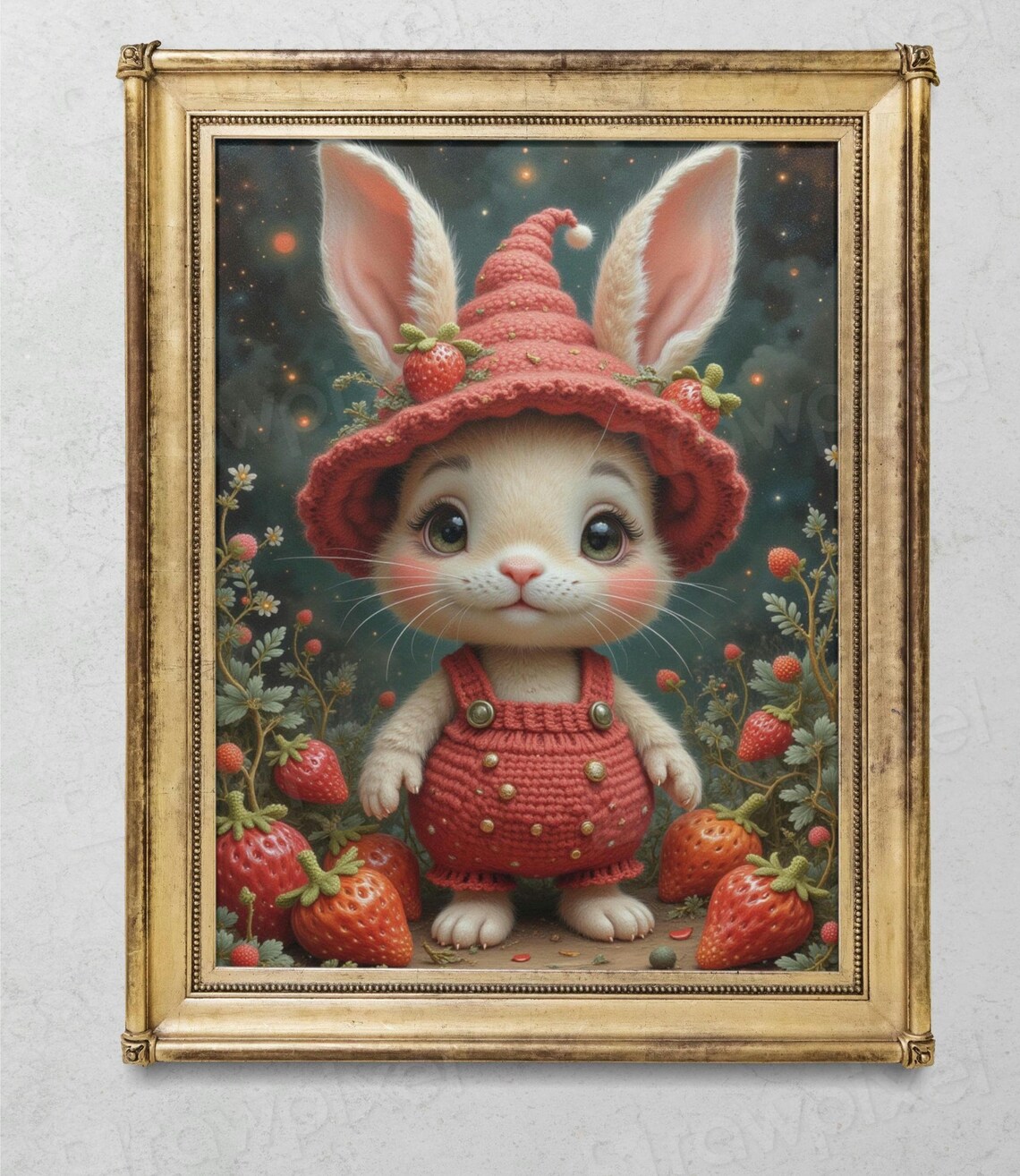 Sweet Wide-Eyed Bunny in Strawberry Outfit Under Starry Night Poster