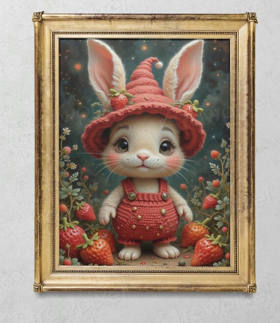 Sweet Wide-Eyed Bunny in Strawberry Outfit Under Starry Night Poster