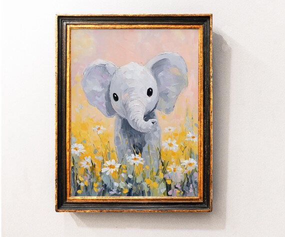 Cute Baby Elephant In Daisy Meadow Oil Painting Nursery Poster