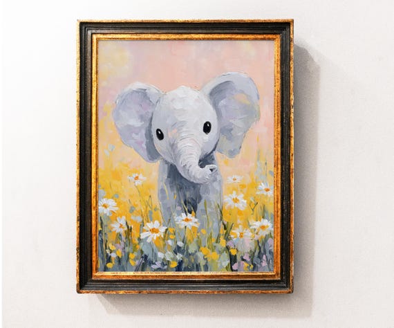 Cute Elephant Oil Painting Art Print Nursery Poster Kids Room Decor Bathroom