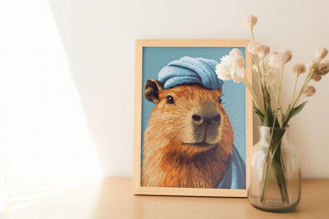 Funny Capybara Bathroom Art, Vintage Animal Painting - Image 3