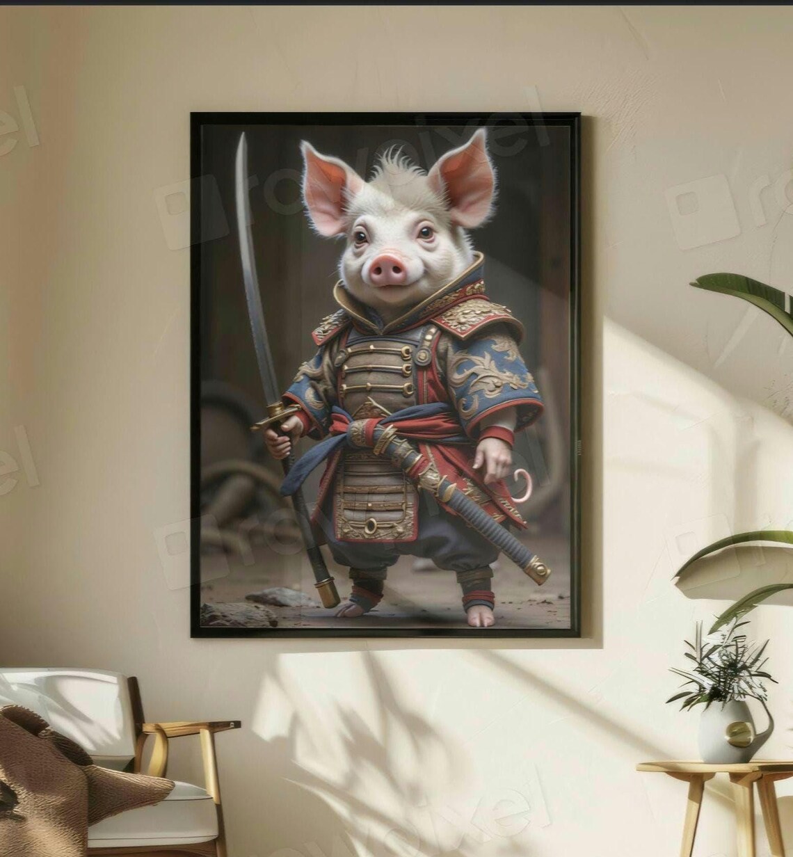 Cute Pig Samurai Art Print, Animal Home Decor
