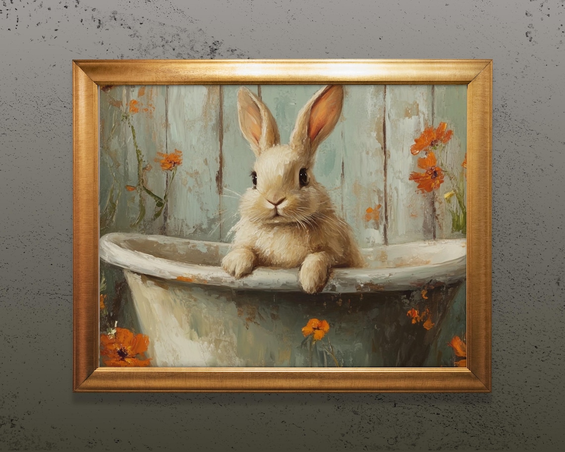 Cute Easter Bunny In Bathtub, Easter Nursery Art Print