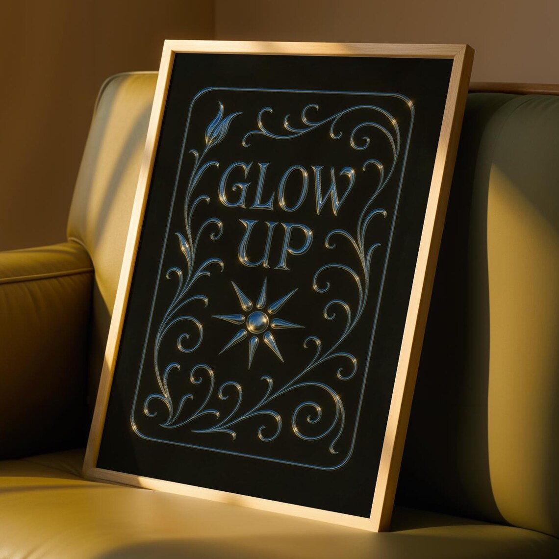 Glow Up Chrome Typography Art Nouveau Silver Sunburst Wall Poster