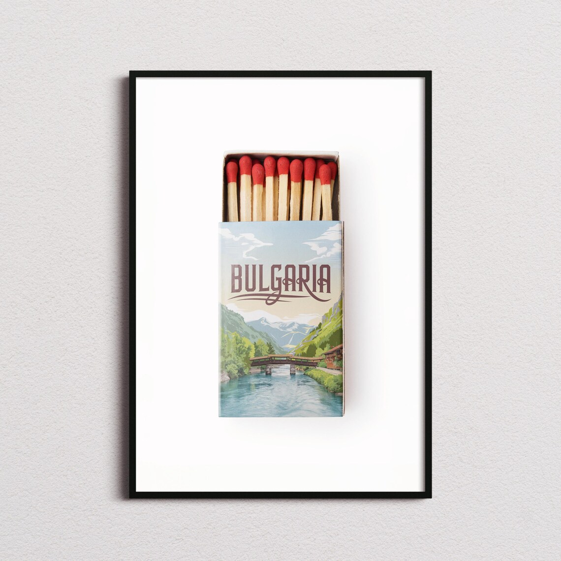 Bulgaria Matchbox River Bridge Mountain Vintage Travel Art Poster