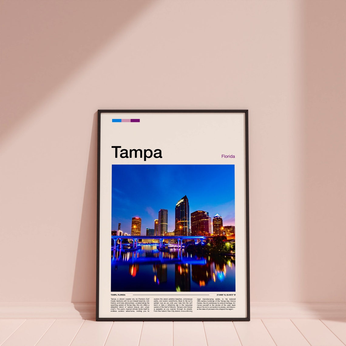 Tampa Florida Night Skyline Water Reflection City Travel Poster - Image 4