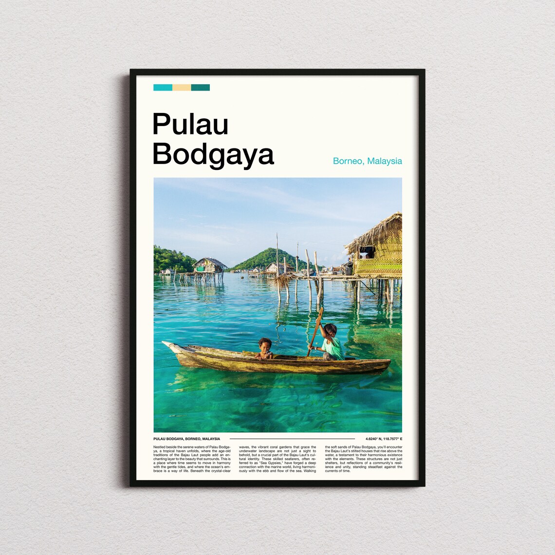 Pulau Bodgaya Borneo Malaysia Stilt Village Canoe Travel Poster