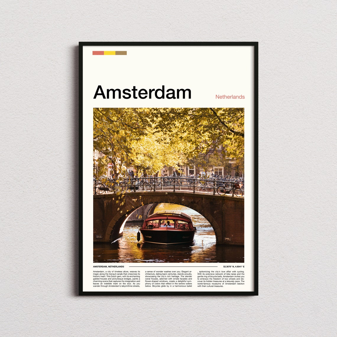 Amsterdam Netherlands Canal Bridge Boat Autumn Golden Leaves Poster