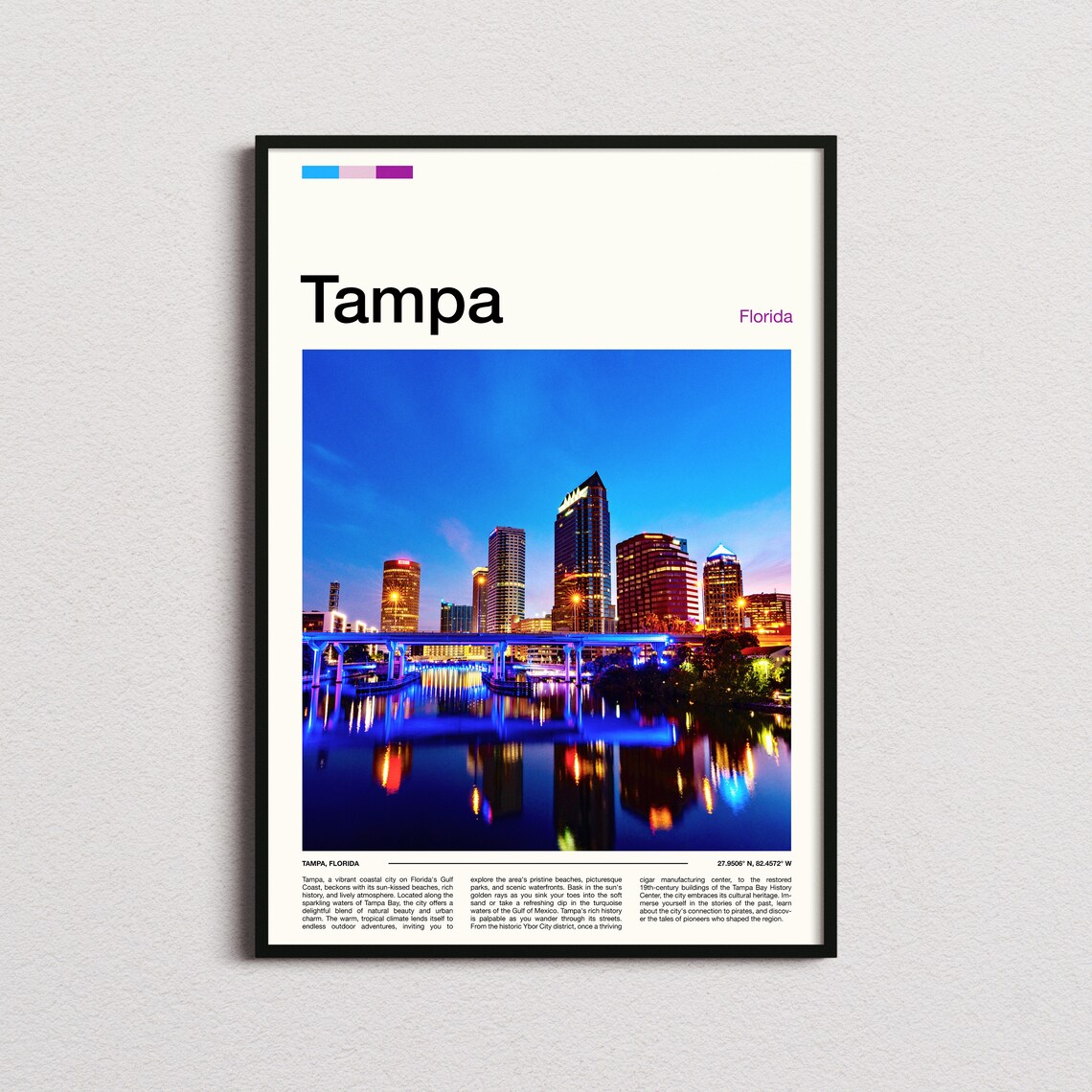 Tampa Florida Night Skyline Water Reflection City Travel Poster