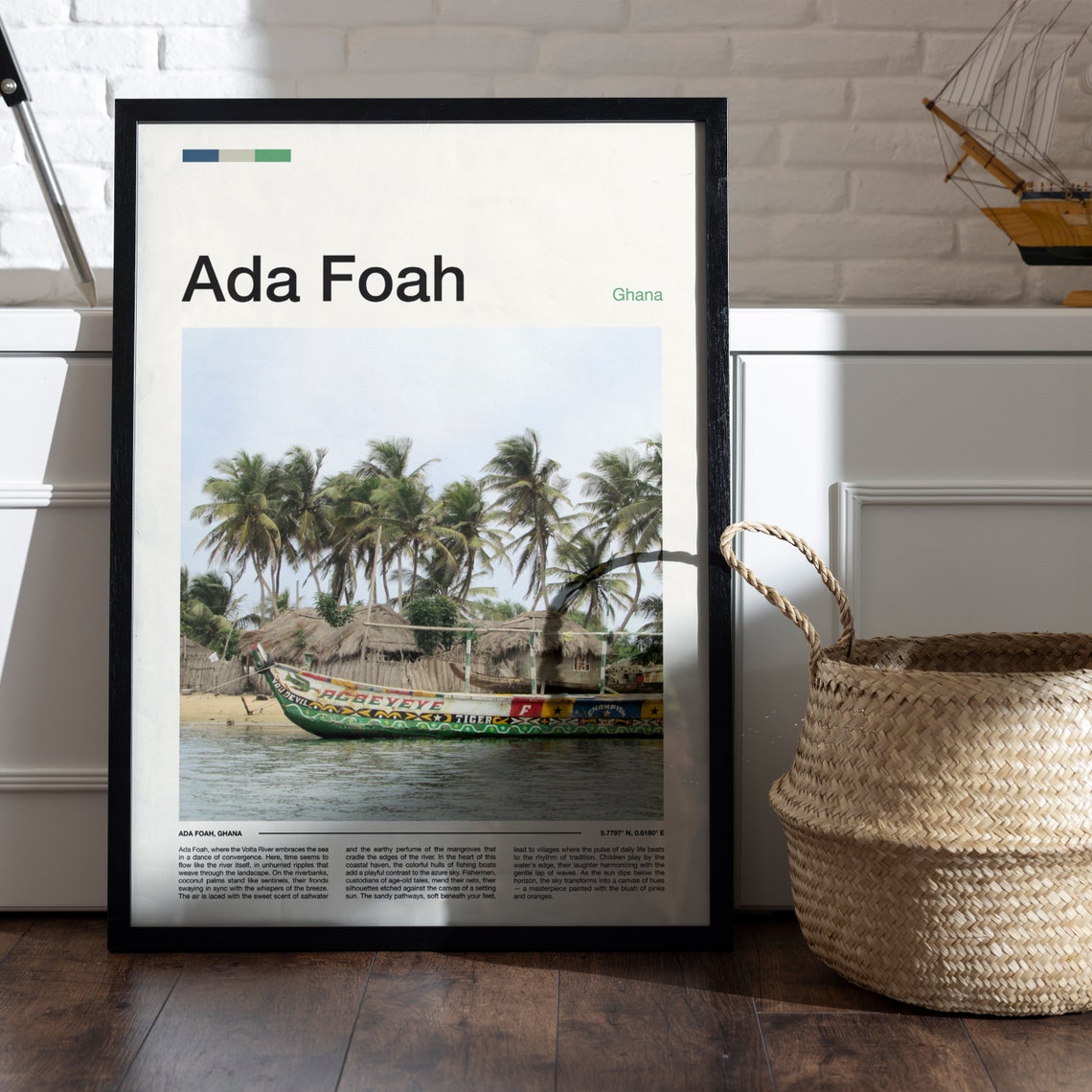 Ada Foah Ghana Painted Boat Palms Thatched Huts Shore Poster - Image 5