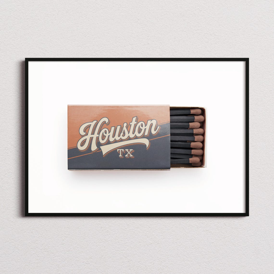 Houston Texas Retro Script Matchbox Art Orange Navy Travel Poster