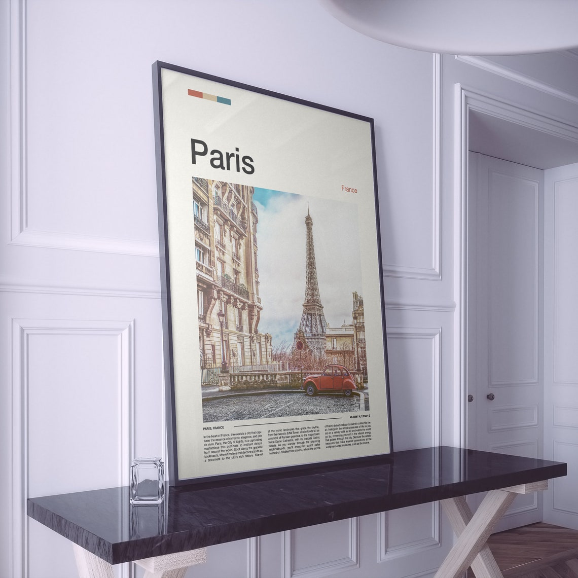 Paris France Eiffel Tower Cobblestone Street Red Car City Photo Poster - Image 2