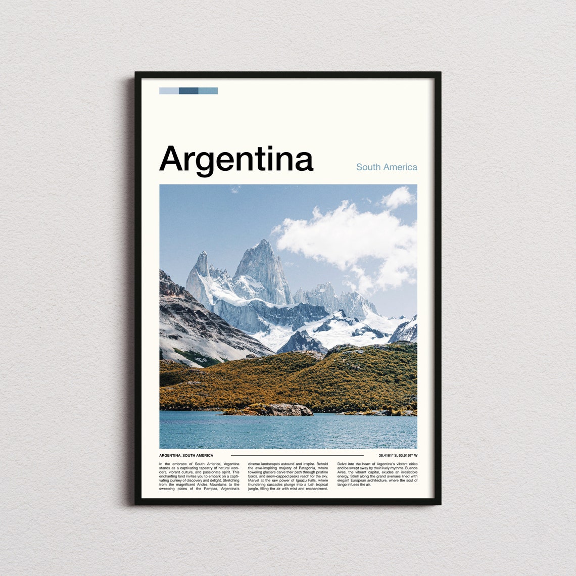 Argentina Patagonia Snow Capped Andes Mountains Lake Travel Poster