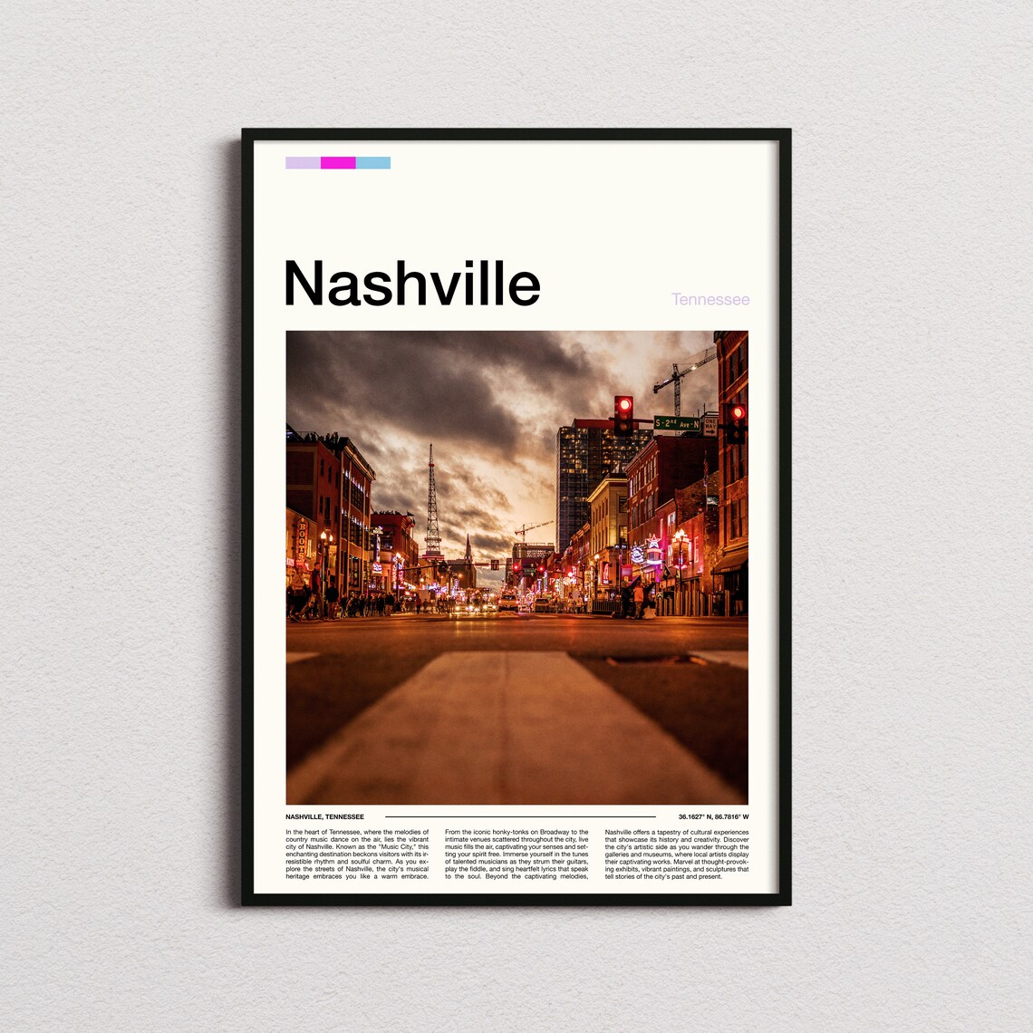 Nashville Tennessee Broadway Neon Lights Night Street Scene Poster