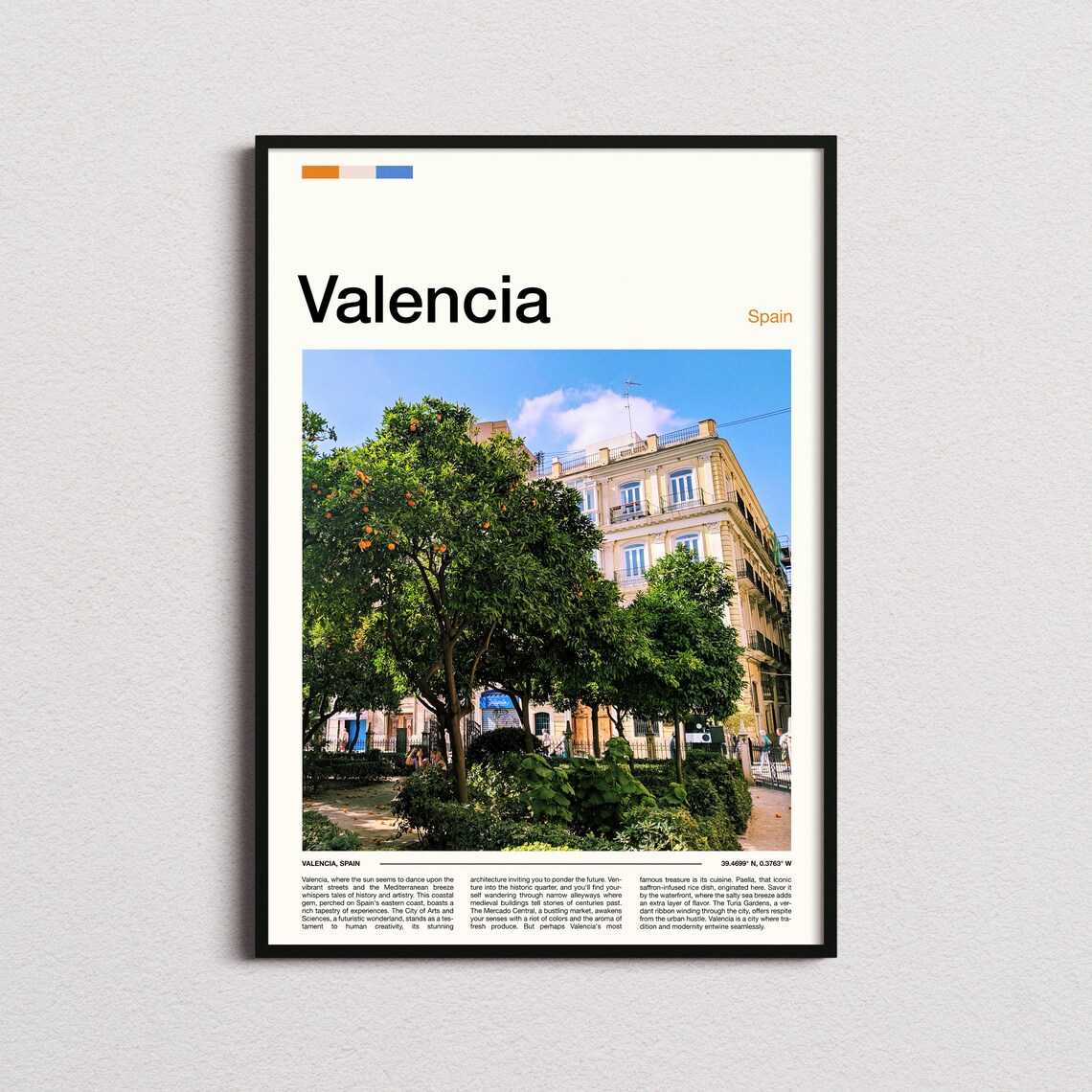 Valencia Spain Orange Trees Historic Streets Sunny City Travel Poster