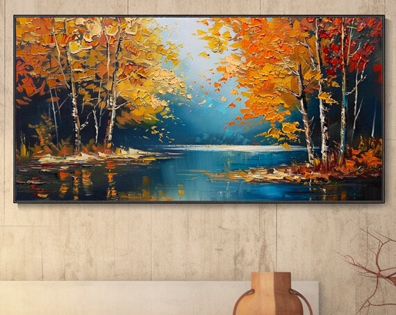 Boho Forest Landscape Impressionist River Lake Wall Art Abstract Sunrise Hand Painted Oil Painting Housewarming Gift Custom Living Room Deco