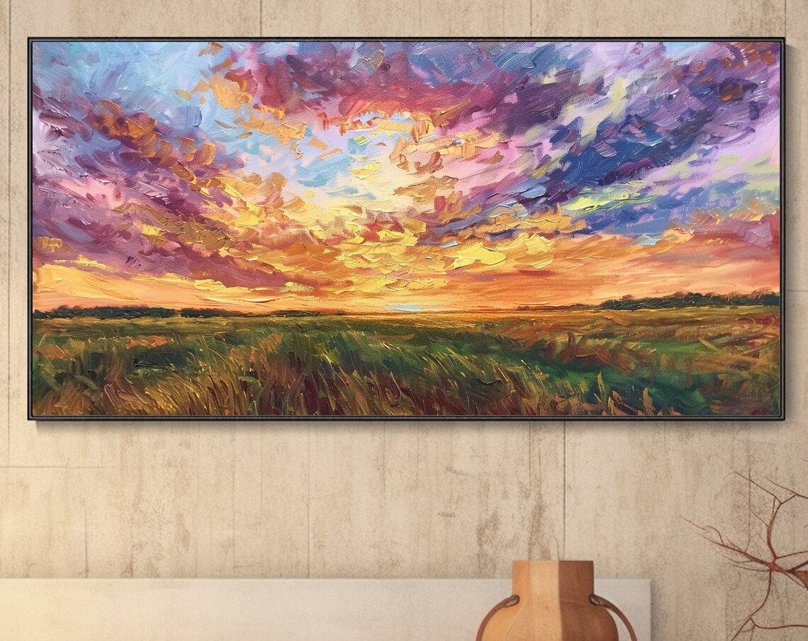 Sunset Wheat Field Landscape Wall Art Print, Rustic Sky
