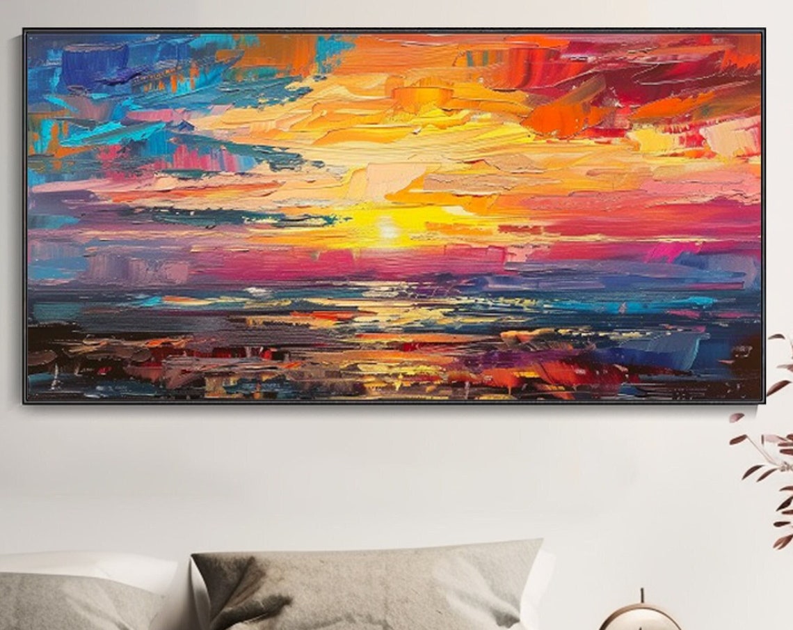 Fiery Sunset Over Ocean Waves Bold Colorful Impasto Seascape Wall Art