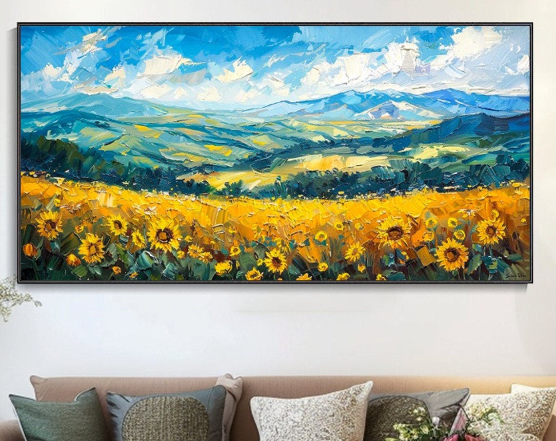 Sunflower Field Mountain Valley Blue Sky Summer Landscape Art Poster