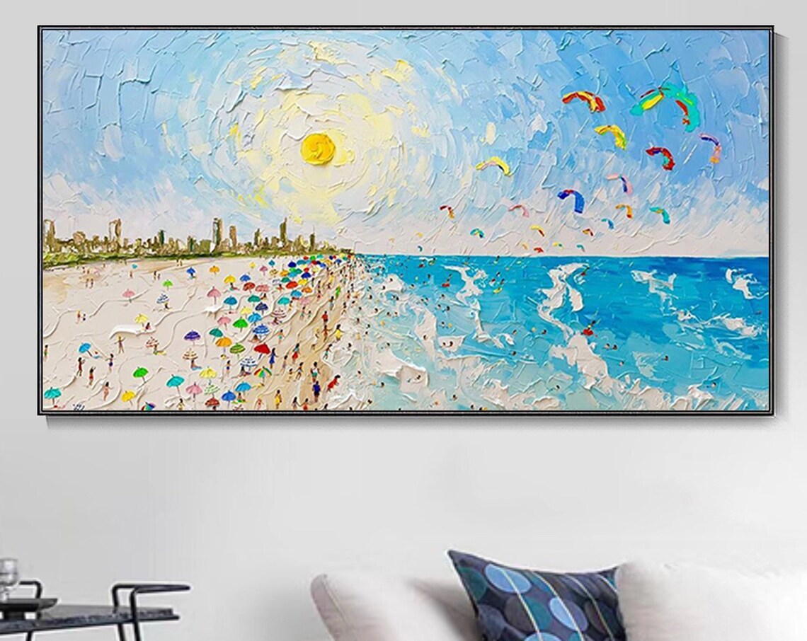 Coastal Swimming Oil Painting, Summer Art Print
