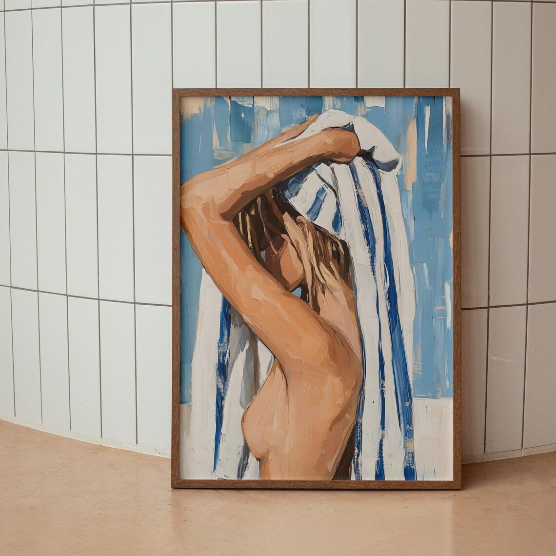Blue Striped Beach Towel Woman Drying Hair Oil Painting Poster - Image 2