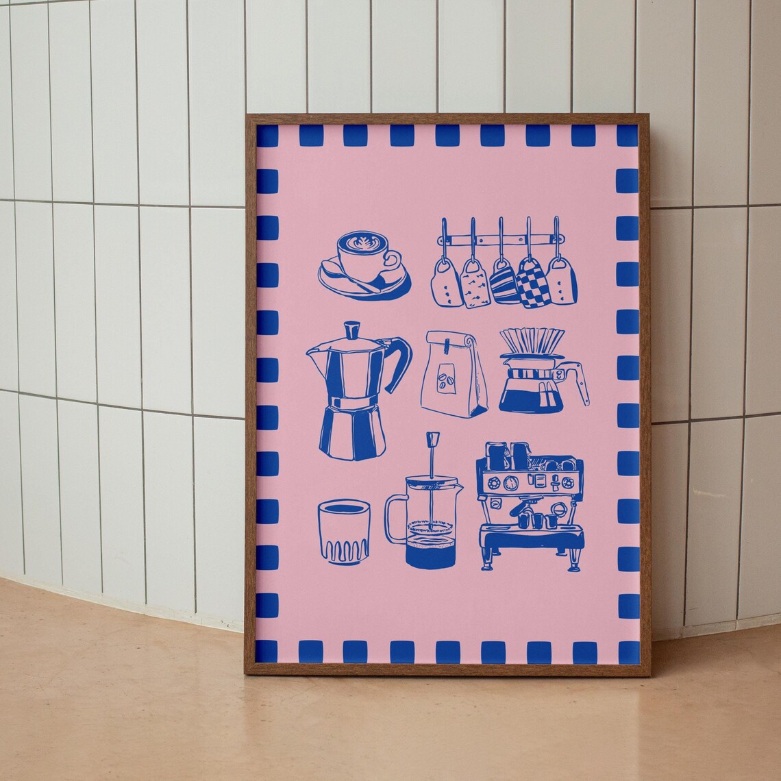 Blue Coffee Icons on Pink Checkered Border Kitchen Art Poster