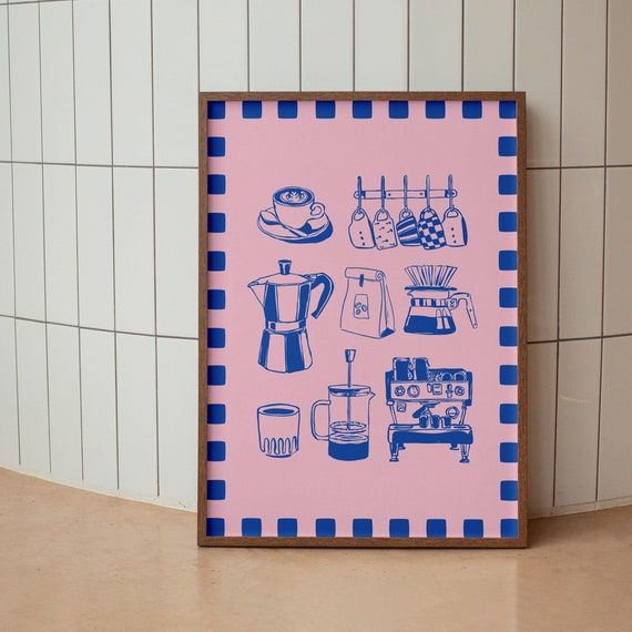 Pink Coffee Poster Coffee Lover Art Cute Kitchen Wall Art Pink Blue Moka Pot Print Aesthetic Room Decor Fun Wall Art
