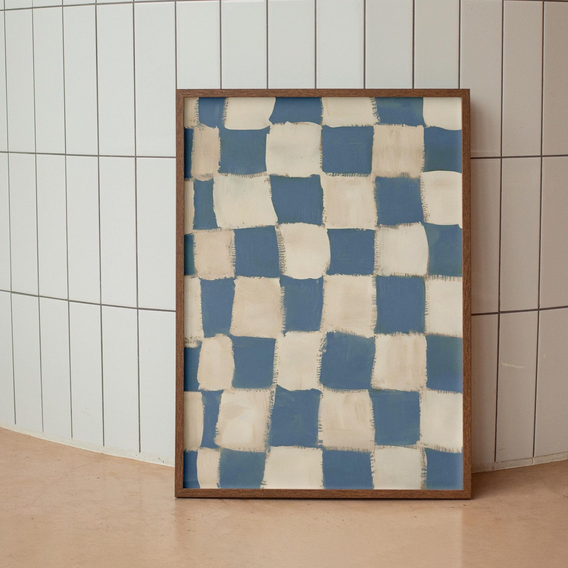 Hand Painted Blue White Checkered Modern Abstract Art Poster - Image 4