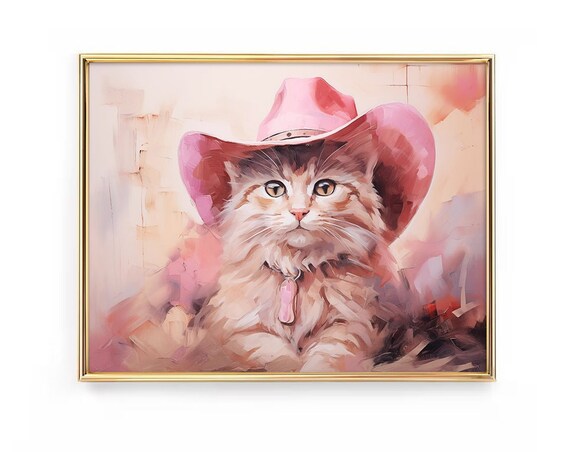 Pink Cat Cowgirl Watercolor Pastel Western Farmhouse Cat Poster