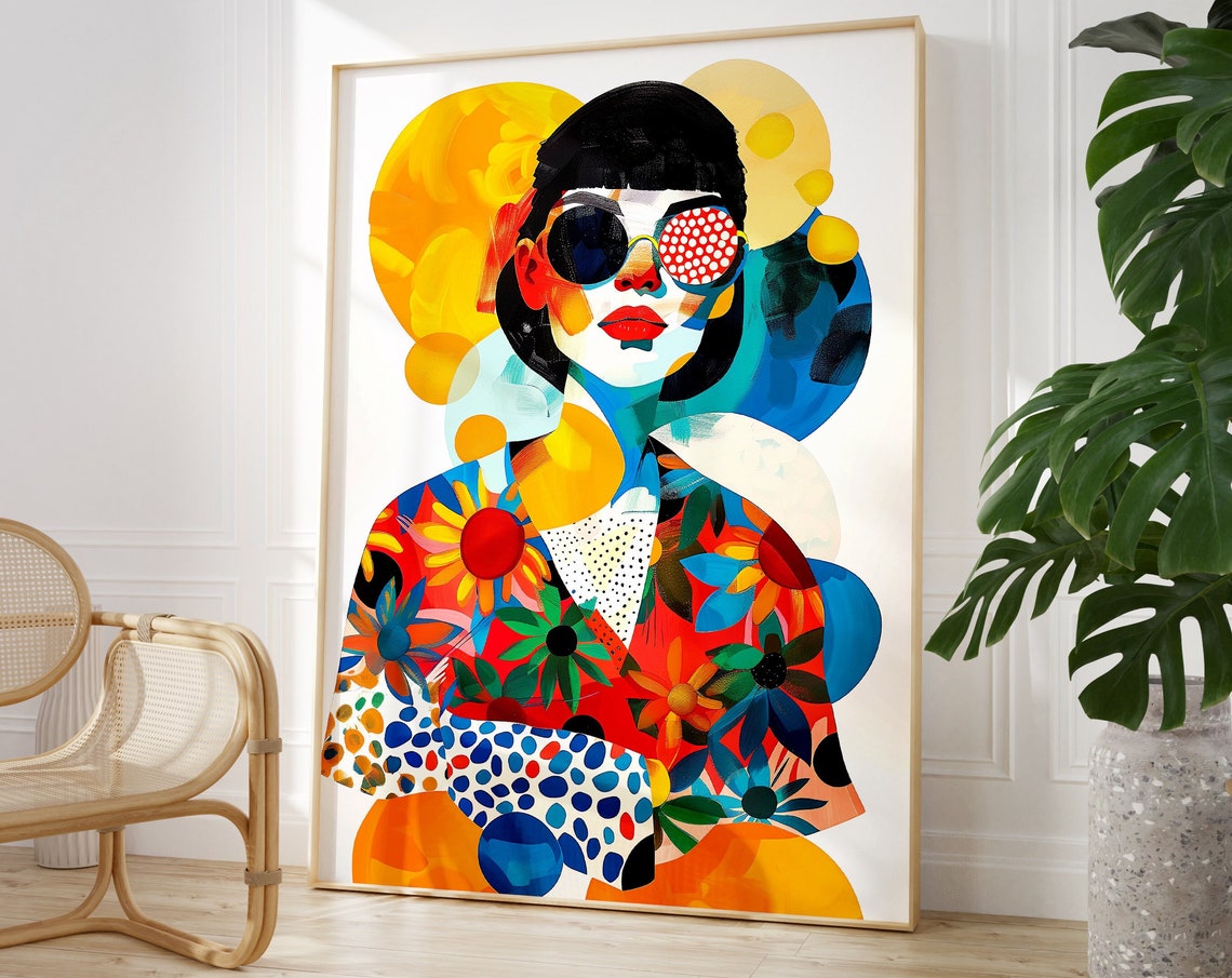 Colorful Abstract Woman Sunglasses Floral Pop Art Portrait Poster - Image 3