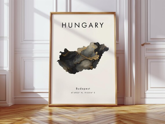 Hungary Map Poster Black And Gold Europe Wall Art Print Home Decor Geography Gift Wallpaper