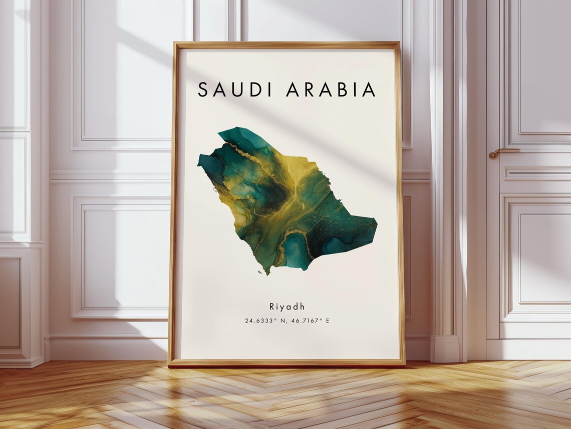 Saudi Arabia Country Map Green Gold Marble Riyadh Coordinates Travel Poster
